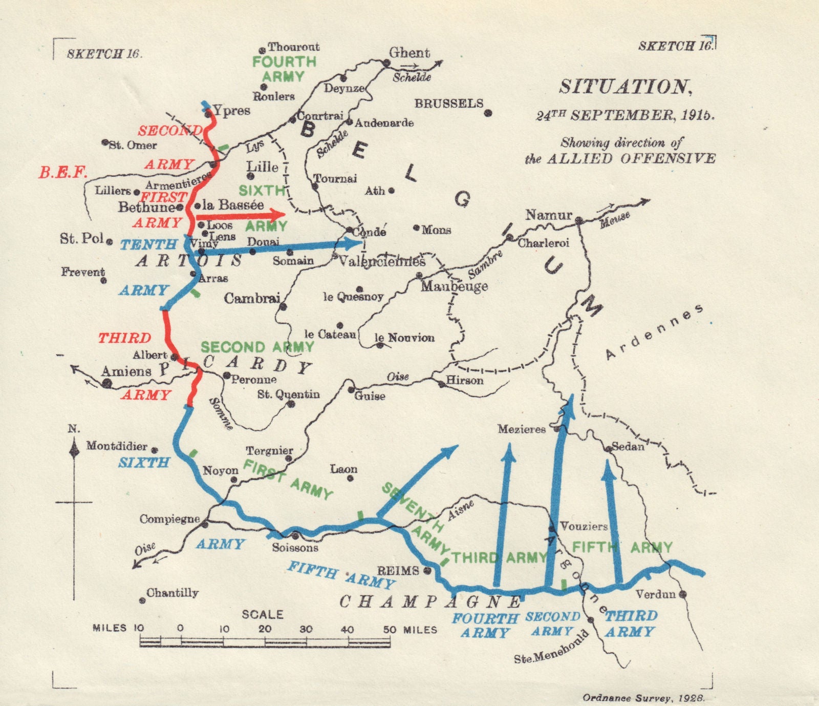 Allied Offensive. 24th September 1915. Western Front. First World War. 1928 map